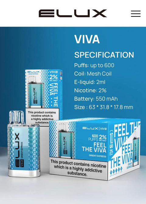 Elux Viva 600 Puffs Disposable Vape Pod Box of 10 - Vaperdeals